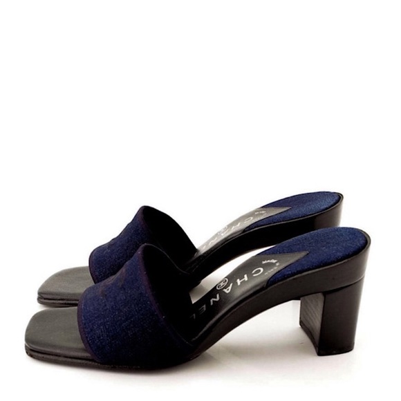 Vintage CHANEL CC Logo Mule Denim & Black Leather Block Heel Sandals - Picture 8 of 13